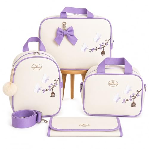 Kit Bolsa Maternidade 4 Peças Impermeável com Mala, Mochila, Nécessaire e Trocador, Luxo Bege com Lilás