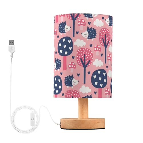 YYZZH Table Lamp Hedgehog Baby Forest Mushroom Tree Cloud Heart Pattern on Pink Nightstand Lamp with Wood Base Fabric Lamp Shade Bedside Desk Lamp for Living Room Bedroom Kids Room Office