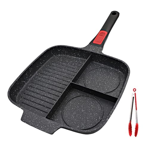 Bobikuke Poêle Grill avec Poignée Amovible, Poêle Antiadhésive 3 en 1 en Aluminium Skillet Gril Carrée pour Tous Feux Dont Induction - Noir