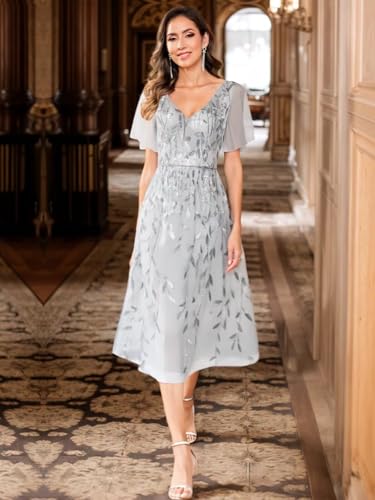 Women's Mother of The Bride Dresses Tulle Sequin Formal Wedding Guest Dress Elegant Tea Length Evening Prom Gown3