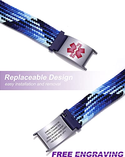 Personalized Medical Alert Bracelets For Women Men Girls Boys, Custom Sport Medical Id Bracelets With Free Engraving, Adjustable Nylon Elastic Wristband Emergency Bracelet (Blue/Silver Tag) #TOP3