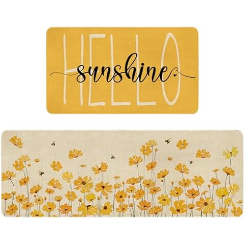 Xsinufn Spring Summer Farmhouse Kitchen Rugs and Mats Set of 2,Yellow Flowers Floral Hello Sunshine Kitchen Mat,Non Slip Washable Kitchen Floor Sink Mats Decorations for Home Kitchen 18"x48"+18"x30" Cover