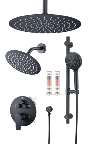 Image of Woindo Shower Faucet Set with Slide Bar, 12 inch Rain Shower Head /8'' Side Shower Head and 10 Setting Handheld Ceiling Mount 3 Push Button Diverter Complete Rainfall Shower System Included Valve Trim Kit
