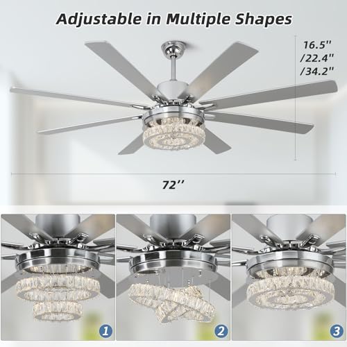 YYEHON 72 inch Crystal Ceiling Fan with Lights and Remote，DIY 3-Style Design，Modern Ceiling Fan for Living Room Patio，6 Speed Reversible DC Motor，8 Blades，3 CCT，Indoor/Outdoor (Chrome) by YYEHON - Used condition - Image 3