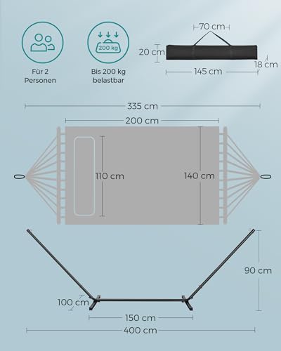 SONGMICS Hängematte mit Gestell, Hängemattengestell aus Metall, Doppelhaltestange, mit Kissen, bis 200 kg belastbar, Garten, schwarzes Gestell und Blaue Hängematte GHS002Q01 4