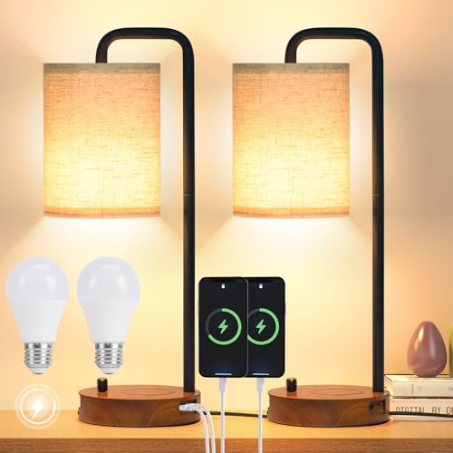 Set de 2 Lámparas de Mesa con USB y Base de Madera
