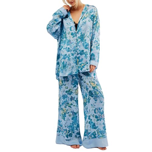 Image of Women Satin Pajama Set Floral Silk Pajamas 2 Piece Lounge Sets Button Down Shirts Wide Leg Pants Pjs Sleepwear