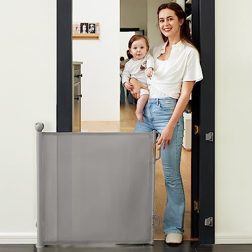 Image of Momcozy Auto Lock Retractable Baby Gate, Safety Gate for Baby and Pet, 33” Tall, Extends to 55” Wide, Mesh Safety Dog Gate for Stairs, Indoor, Outdoor, Doorways, Hallways