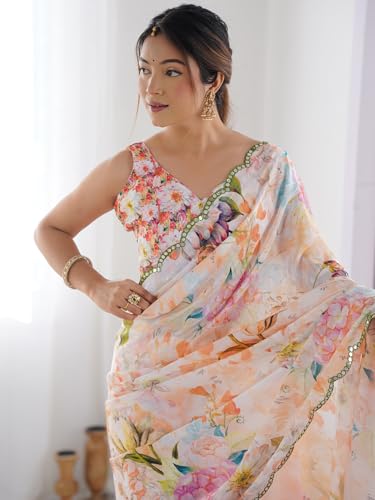 Image of Panzora Women's Chinon Printed Saree With Unstitched Blouse Piece