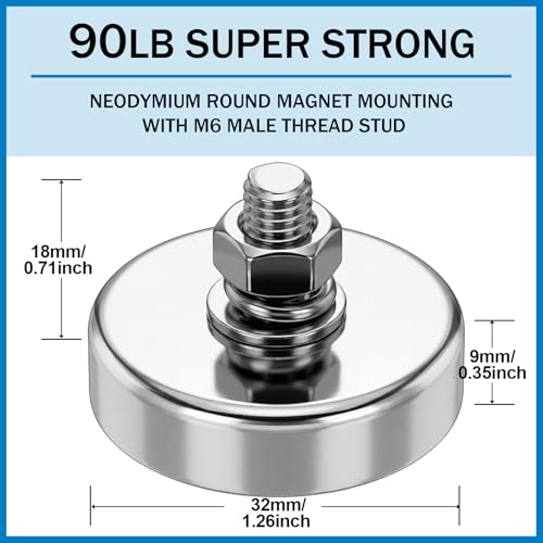 Image of Flutesan 4 Pieces Heavy Duty Round Mounting Magnet with Bolt 1.26in-90lb-M6 Silver with Male Thread Stud Strong Magnet Super Powerful for Lighting Camera Brackets License Plate