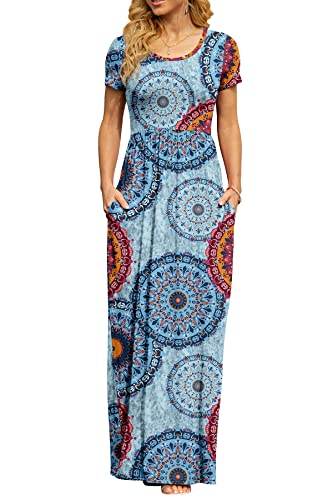 Db Moon Women's Casual Maxi Dresses Short Sleeve Empire Waist Long Dress For Beach With Pockets(Flower Mix Blue, L) #TOP2