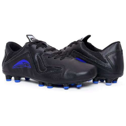 Chuteira Couro Legitimo Campo Gramado Travas Preto Azul Royal Solado Colado Costurado (41)