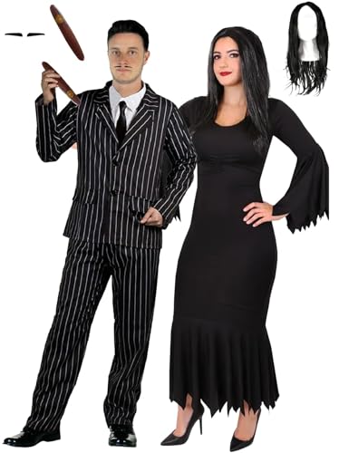 Adults Halloween Couples Costume - L + L - Pinstripe Suit Jacket & Trousers, Spiv Tash and Cigar, Ragged Black Dress and Long Black Wig - Adults Deluxe Couples Halloween Fancy Dress Costume