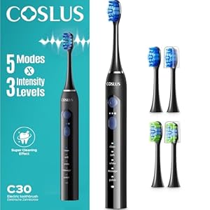 COSLUS Sonic Electric Toothbrush for Adults: 3 Intensities & 5 Modes Gum-Friendly for Deep Cleaning & Whitening – 2 Types of Heads for Family, Sensitive Teeth, Braces, Travel & Home Use, Black, 1PC
