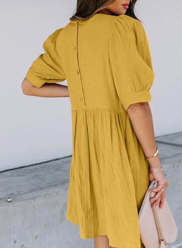 Image of Dokotoo Womens Summer Crewneck Puff Sleeve Babydoll Elegant Empire Waist Mini Swing Skater Dresses with Pockets
