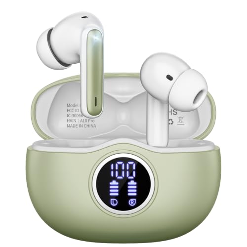 Image of Wireless Earbuds, Bluetooth 5.3 Headphones HiFi Stereo 50H Playback LED Digital Display Ear Buds with ENC Noise Canceling Headset, IPX7 Waterproof Earphones for Gym /Running /Work(Light Green)
