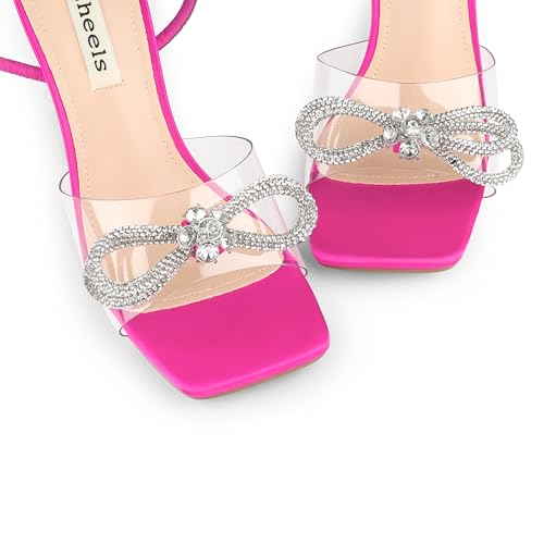 Image of Zzheels Double Bowknots Crystal Clear Shoes Strappy Sandals | Clear Slingback Heels, Rhinesotne Bow Sandals, Square Toe, Elegant Heels