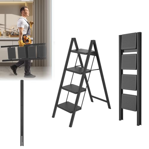 Lars360 Scaletta pieghevole a 4 gradini in acciaio, superficie in gomma antiscivolo, gradini più...