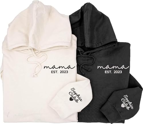 GodLover Custom Embroidered Mama Sweatshirt and Hoodie, Mama Est 2024 Sweatshirt, Custom Embroidered Sweatshirt for Mom, Embroidered Custom Name Mom On Sleeve, Christmas Hoodie, Gifts for Mom