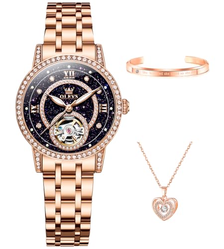 OLEVS Women’s Watch Automatic Diamond Tourbillon Luxury Fashion Stainless Steel Waterproof Luminous Wrist Watches for Ladies Gift Rose Gold/Starry Sky Blue/Silver
