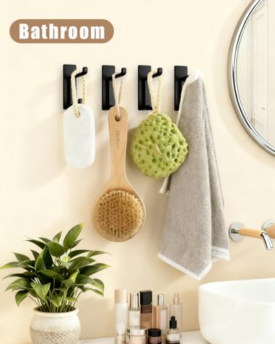 YLITREUS Self Adhesive Wall Hooks, 6 Pack Coat Hooks Wall Mount Heavy Duty Stainless, Double Extra Stick On Towel Hook for Bedroom Kitchen, Over the Door Hook for Hanging Key Hat Backpack (Black) — view 3