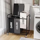 3-Compartment Laundry Cart with Lockable Wheels & Lid 180L Large Wheeled Laundry Basket Heavy-Duty Sorting Organizer for Laundry Room (Multicolor)