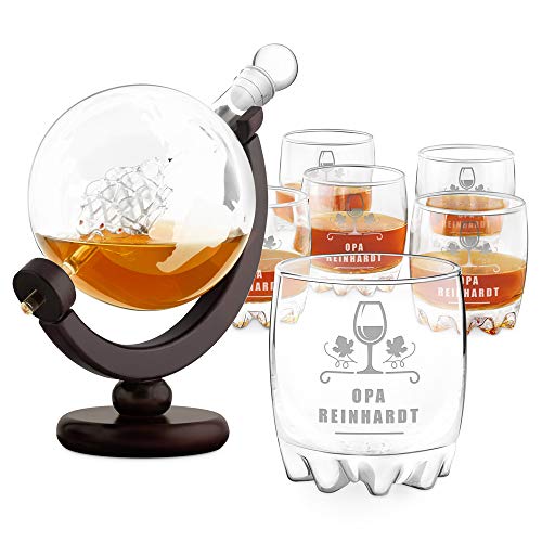 Maverton Whisky Karaffe mit Gravur - Globus mit Schiff, 850 ml - 6er Whiskygläser Set - Whisky Dekanter - Geschenk zum Geburtstag für Männer - personalisiert - Opa