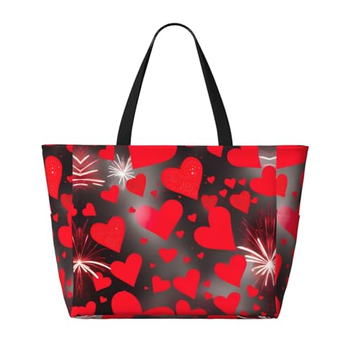 Red Hearts Firework Extra Large Tote Bag For Women,Foldable Beach Bag With Pocket Weekender Travel Overnight Bag2