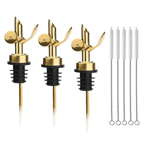 HAPPOW Lot de 3 becs verseurs à fermeture automatique en acier inoxydable doré pour verser avec précision l'alcool, l'huile d'olive et le vinaigre avec brosses de nettoyage