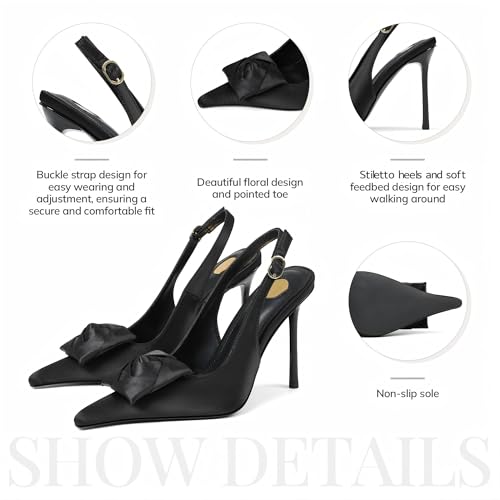 Image of Satin Slingback Pumps Women Floral Knot Pointed Toe Stiletto Heels | Slim stiletto heel, smooth satin upper, Floral accent, knot detail, pointed toe, dress pumps work, parties and wedding looks
