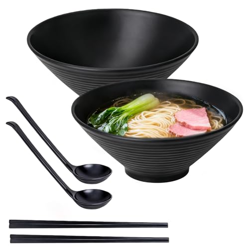 Juego de 2 cuencos de ramen (6 unidades), 1100 ml, juego de tazón de ramen japonés, cuenco grande con palillos y cuchara, cuenco ramen para sopas, ensaladas, pasta, fruta, sushi (negro)