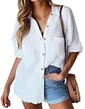 HOTOUCH Oversized White Button Down Shirt Women Linen Cotton V Neck Long Sleeve Blouse Casual Collared Gauze Tops XXL