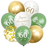 Ballons Anniversaire 60 Ans, 32 Stück Décoration 60 ans d'Anniversaire pour Homme Femme, Joyeux Anniversaire 60. Ballons, Français Rétro Verts Sauge Confettis Or Blanc Ballon Decoration avec Ruban