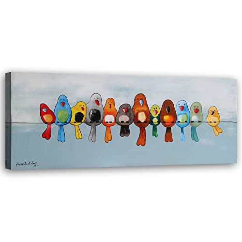 Feeby Impression sur Toile Intissé Abstraction Oiseaux colorés Fil de fer 120x40 cm Image Moderne Tableau Déco Mural Salle De Séjour Peinture Ligne Ciel nuageux multicolore Cover