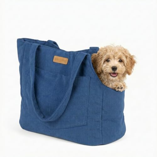 NoblePup Soft Corduroy Dog Purse Carrier Tote for Small Dogs & Puppies (Blue)