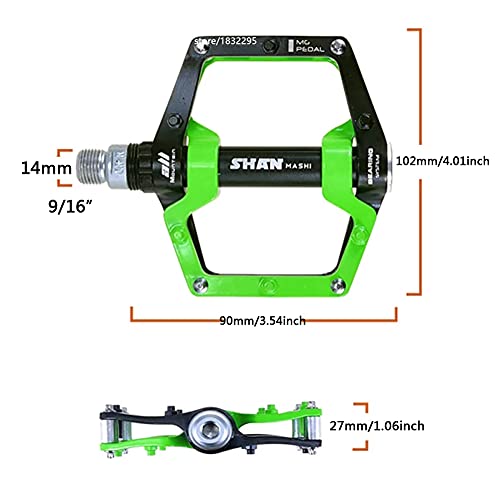 Mtb Pedals Mountain Bike Pedals Aluminum Alloy Non-Slip Bike Pedals Cr-Mo 9/16" Spindle, Sealed Bearings Wide Pedal For Mtb Bmx, Black&Green #TOP1