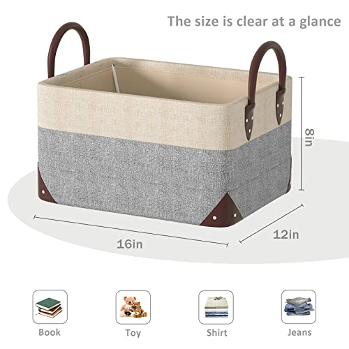 2 Pack Storage Baskets For Organizing- Foldable Storage Bins For Shelves Decorative Storage Bins Basket Linen Fabric Storage Basket With Steel Frame And Pu Leather Handles #TOP2