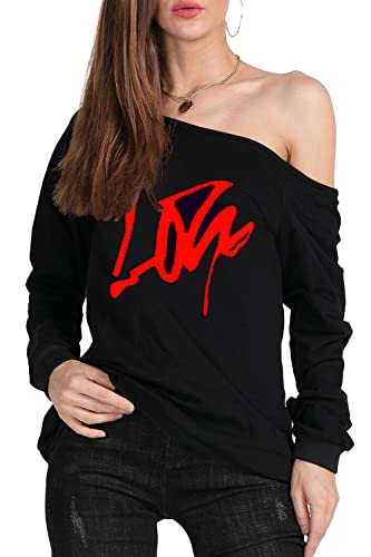 Image of MAGICMK Woman's Sweatershirt Lips Print Causal Blouse Off The Shoulder Long Sleeve Loose Slouchy Pullover Plus Size Tops