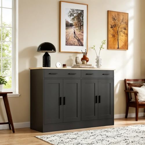 Anystyle Black Buffet Cabinet, Coffee Bar Cabinet with 2 Drawers & 4 Doors, Kitchen Buffet Sideboard for Living Room, Kitchen - Thumbnail 4