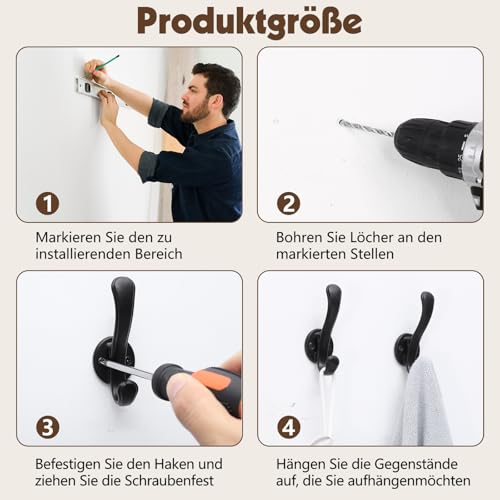 Dntorx 6 Stück Garderobenhaken Schwarz, Kleiderhaken Wand Schwerlaste Wandhaken zum Schrauben Haken Garderobe für Wohnzimmer Schlafzimmer Badezimmer Kleidung Handtuch Schals Schlüsseln