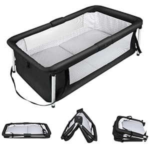 homewell Baby Reisebett, faltbares Baby Reisebett inkl. Matratze, Portable Reisebettzelt, Ausgestattet Moskitonetz und Spielzeug, 90 x 50 cm (aufgebaut) / 45 x 50 cm (gefaltet) (Schwarz)