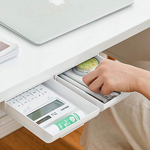 Under Desk Storage Desk Drawers Organizer 2Pack Self-Adhesive Hidden Desktop Pencil Drawer Tray for Home Office Desk/School Desk White