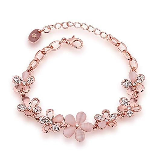 Okos Rose Gold Plated Pink Flowers Link Chain Adjustable Size Charm Alloy Bracelet Decorated With Crystals for Girls & Women BROK1000009