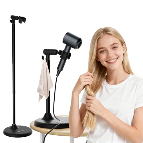 SENWELL-KA Hair Dryer Stand with 360 Rotating Head, Hands Free, Large Hook,Heavy Duty Base, Adjustable Height, TPU Padded Clip, Aluminum Alloy Holder for Home or Salon (Black)