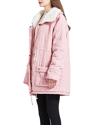 Mewow Women's Winter Mid Length Thick Warm Faux Lamb Wool Lined Jacket Coat (L, Pink) #TOP2