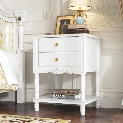 JOIKUJIA French Country Nightstand with 2 Drawers & Open Shelf, Accent End Bed Side Table with Wooden Legs, for Living Room Office White 19.7”W x 16.9”D x 25.2”H