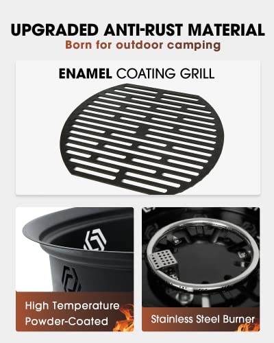 Bluu Deluxe Portable Propane Gas Fire Pit With Auto Ignition For Outdoor Camping- With Grill, Foldable Stand, Trachea Hook, Propane Tank Holder And Cover, 17-Inch Diameter 58,000 Btu, Matte Black #TOP5