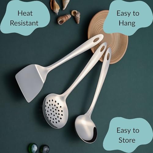 Image of Montavo by FnS 3 Pieces Stainless Steel Serving Tools Set, Gravy Ladle, Solid Turner & Skimmer Turner, Mirror Finish Food Grade Kitchen Serving Utensils for Home, Cooking & Dining