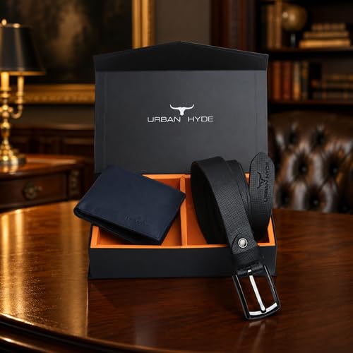 Image of URBAN HYDE Premium Leather Wallet and Belt Combo for Men | Genuine Leather Belt & Wallet Gift Set | Stylish Men's Gift Combo for Birthday, Anniversary, Office & Daily Use | Black