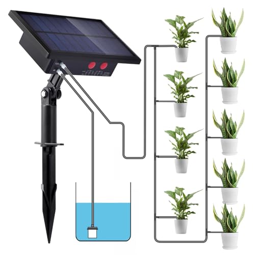 Riego por goteo solar, kit riego por goteo con 10 M manguera, sistema riego automatico con 10 puntas de goteo, autorriego para macetas para jardin, interior, terraza.